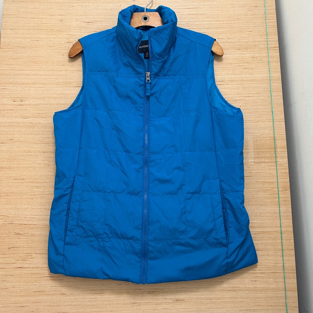 Lands‎ End Blue Quilted Puffer Vest Womens Medium Full Zip Stand Collar 5926